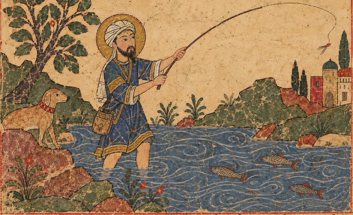A man in a turban stands in a river casting a fishing rod while a dog watches from the bank, painted in the manner of a medieval Arabic manuscript