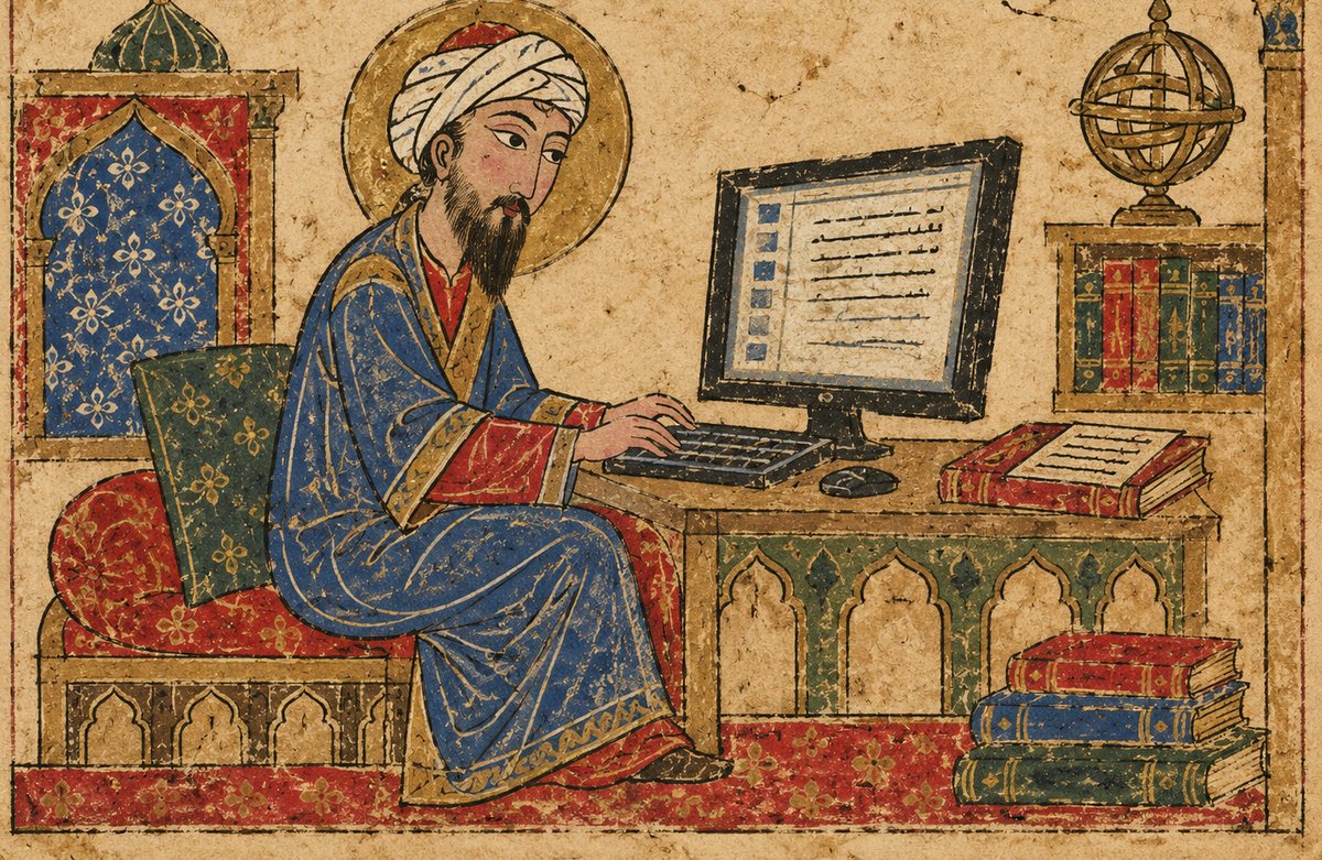 A scholar in a turban and blue robe sits on a cushioned bench working at a desktop computer, with books and an armillary sphere behind him, painted in the manner of a medieval Arabic manuscript