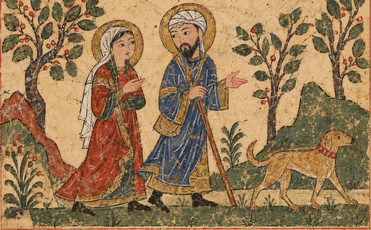 Two figures walk through a landscape in conversation, gesturing, with a dog ahead of them, painted in the manner of a medieval Arabic manuscript