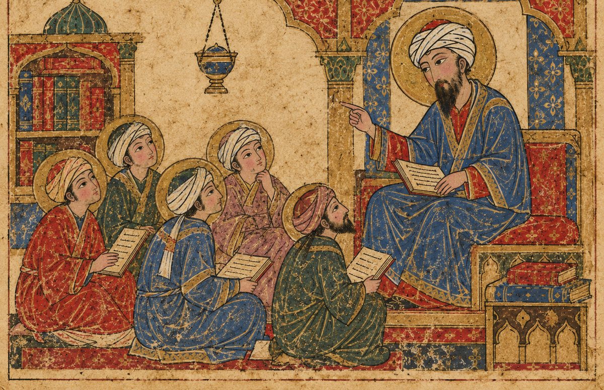 A teacher seated on a throne addresses five students holding open books, painted in the manner of a medieval Arabic manuscript