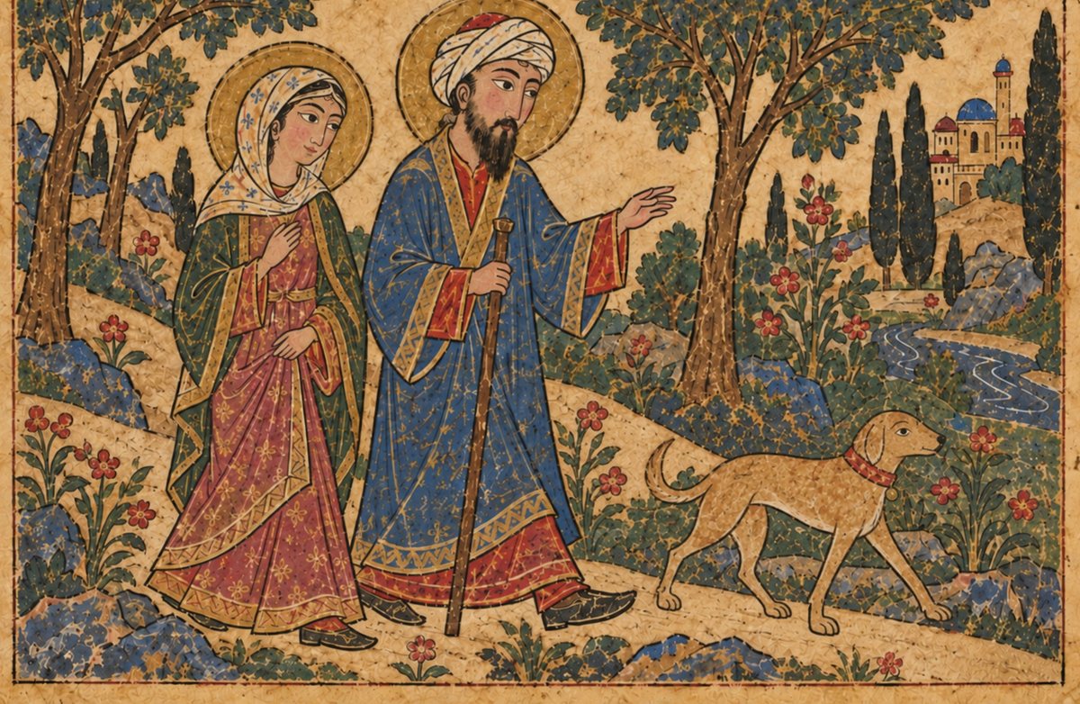 Two figures and a dog walk along a path between flowering trees toward a domed town, painted in the manner of a medieval Arabic manuscript