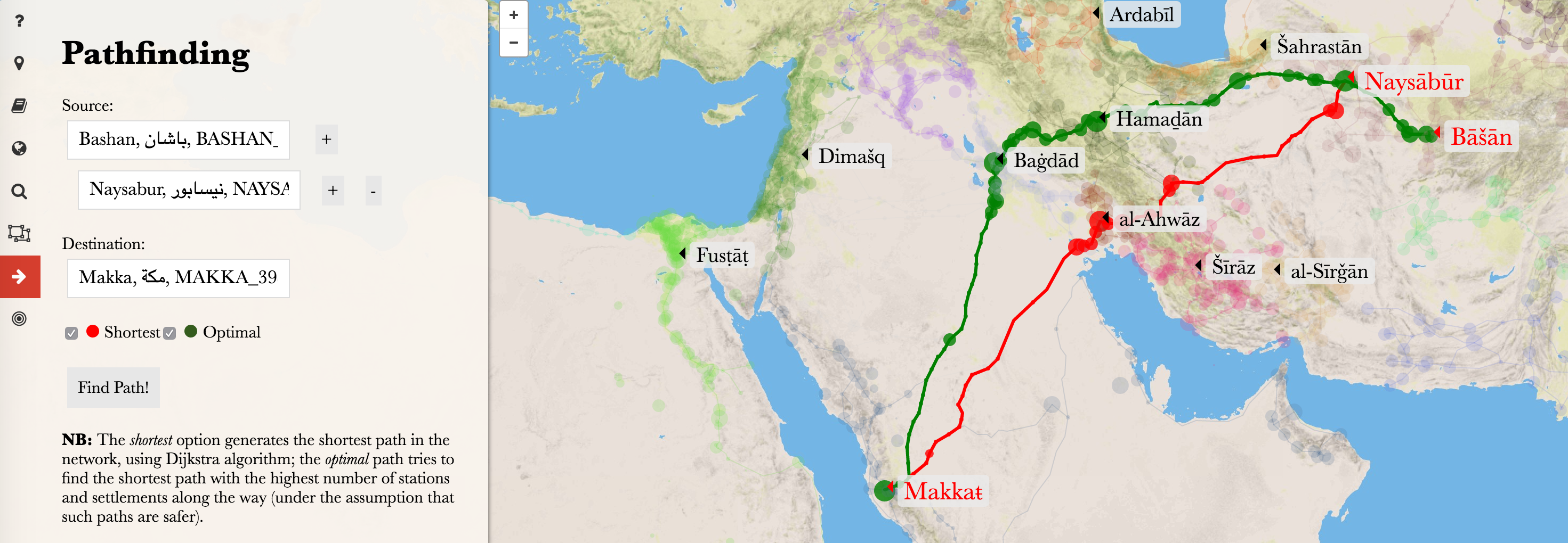 Figure 9. Geographical network of the biographee from the sample biography (using our al-Ṯurayyā Gazetteer, (https://althurayya.github.io/).
