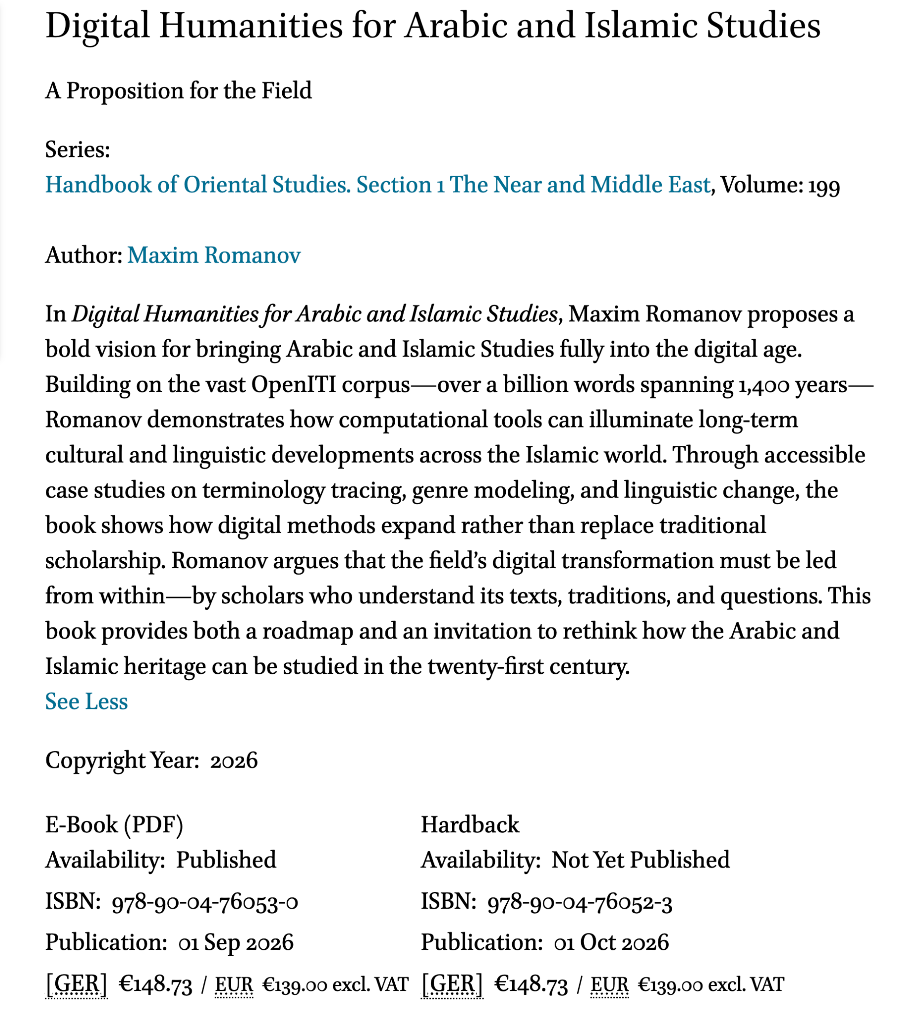 Cover of Digital Humanities for Arabic and Islamic Studies beside the publisher’s page