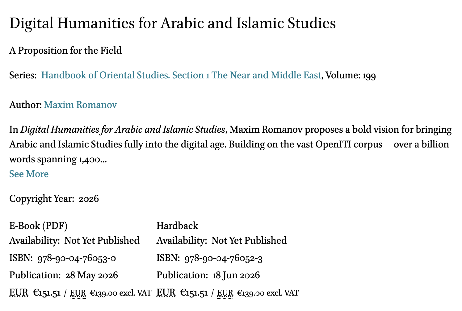 Cover of Digital Humanities for Arabic and Islamic Studies beside the publisher’s page