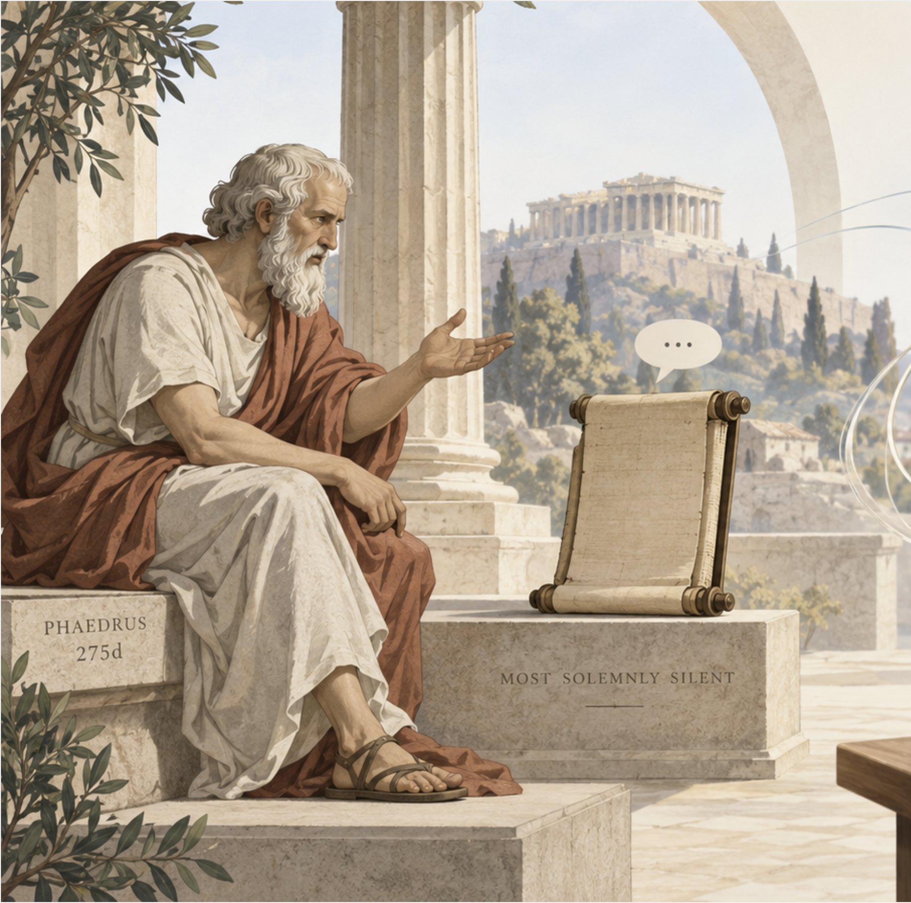 Socrates seated before a scroll, the Acropolis behind him